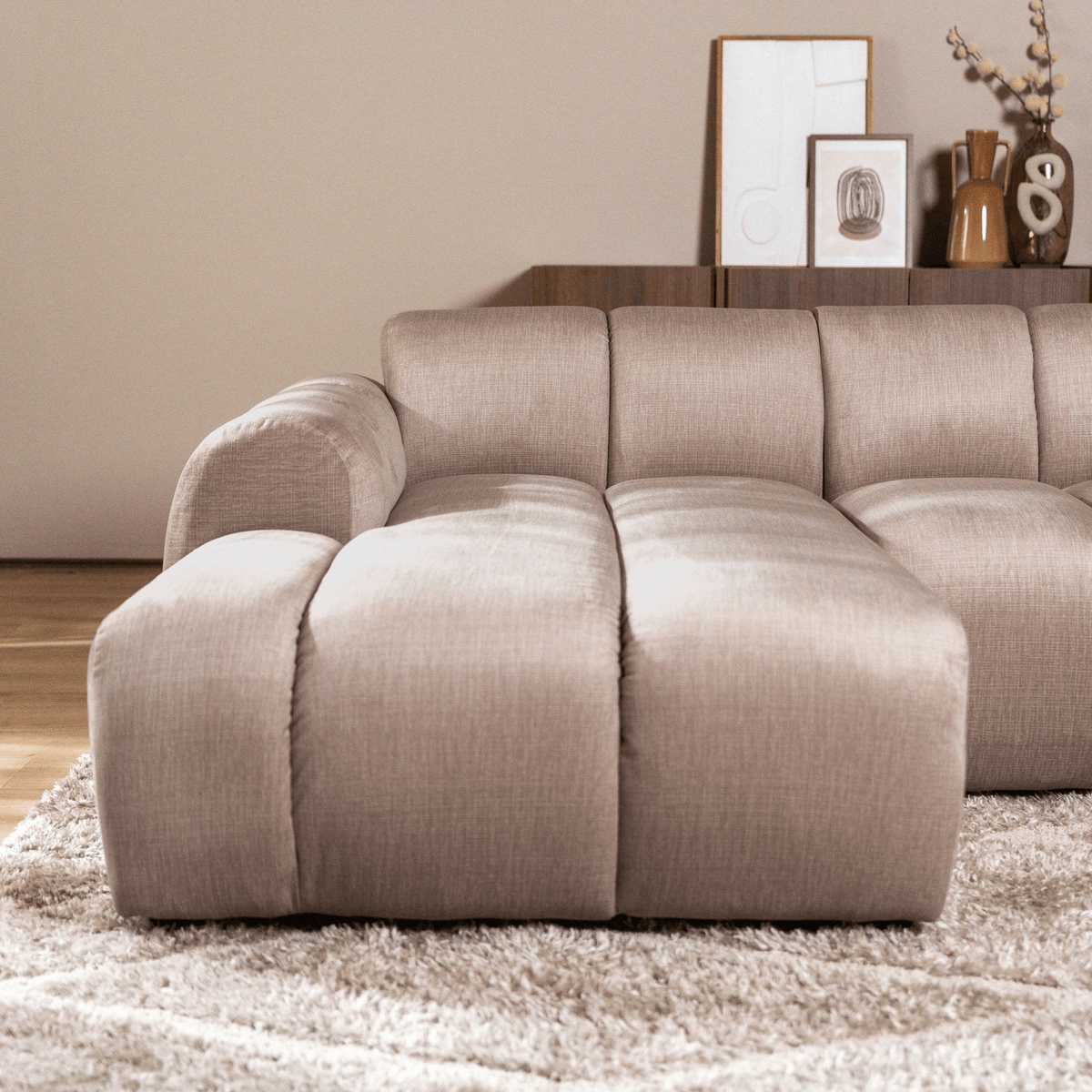 Sofas-Corner sofa with lounge sand velvet textured fabric - stripes - left - Brix-Dimehouse