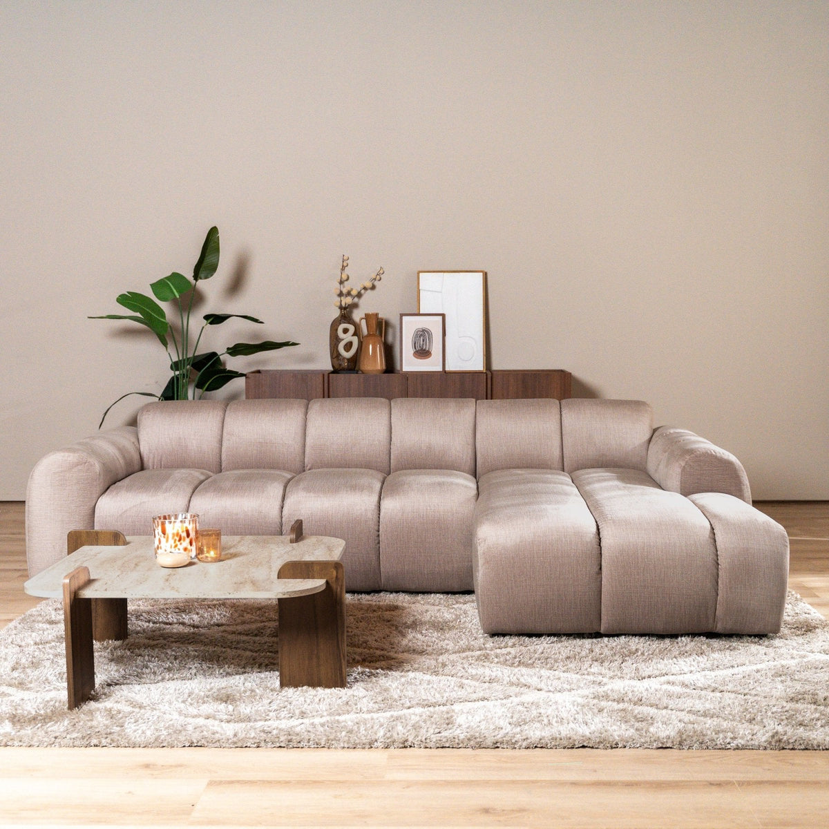 Sofas-Corner sofa with lounge sand velvet textured fabric - stripes - left - Brix-Dimehouse
