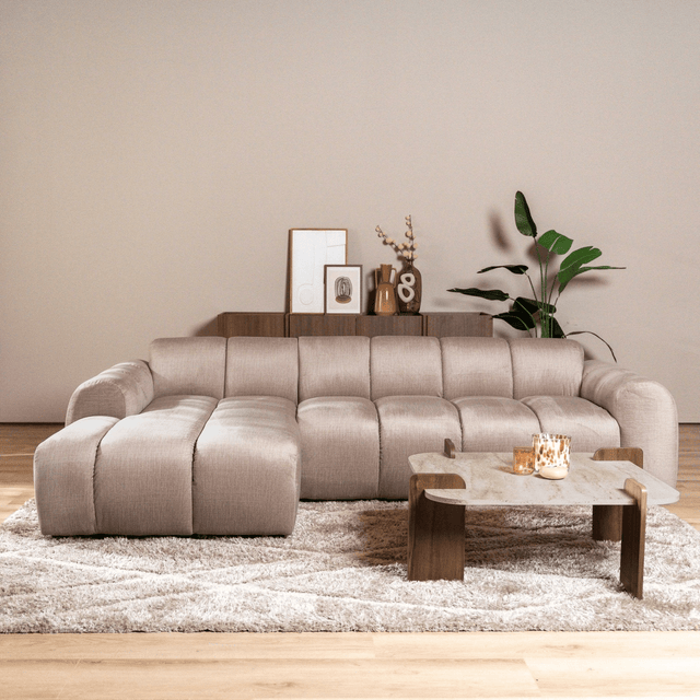 Sofas-Corner sofa with lounge sand velvet textured fabric - stripes - left - Brix-Dimehouse