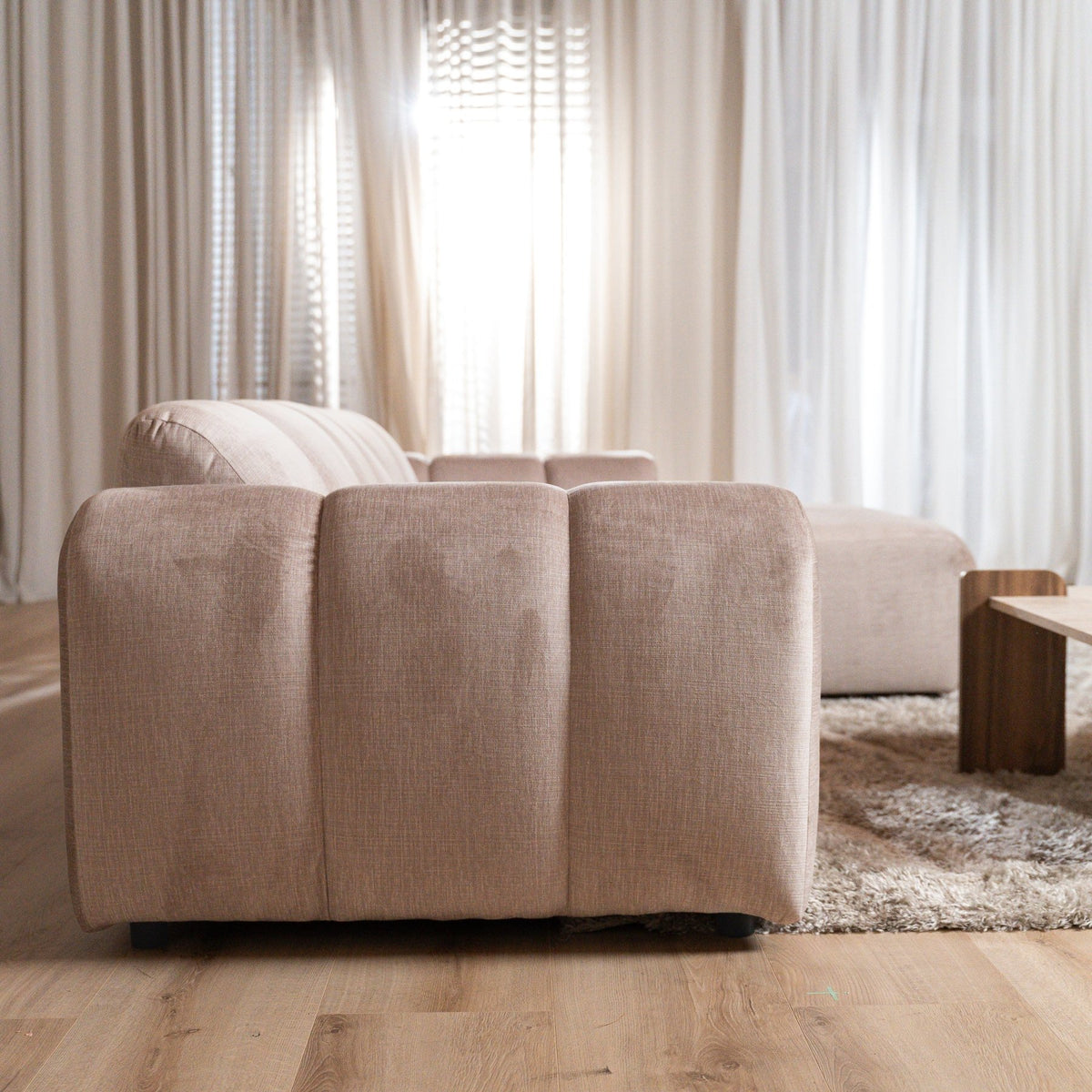 Sofas-Corner sofa with lounge sand velvet textured fabric - stripes - right - Brix-Dimehouse