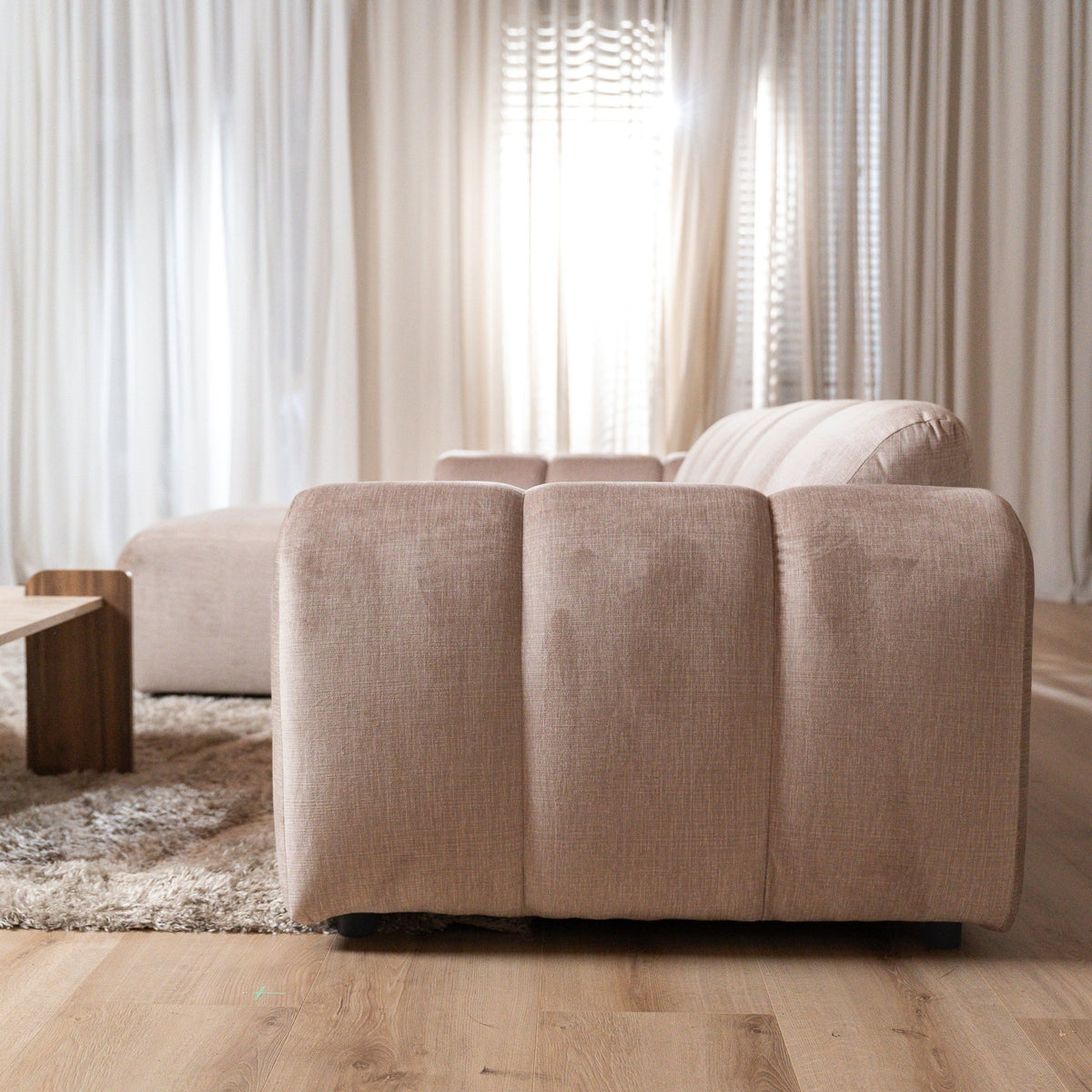 Sofas-Corner sofa with lounge sand velvet textured fabric - stripes - left - Brix-Dimehouse