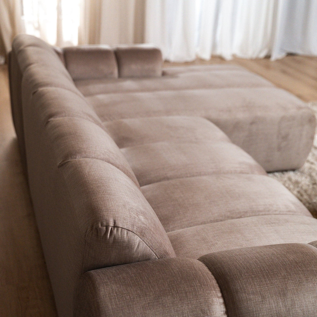 Sofas-Corner sofa with lounge sand velvet textured fabric - stripes - left - Brix-Dimehouse