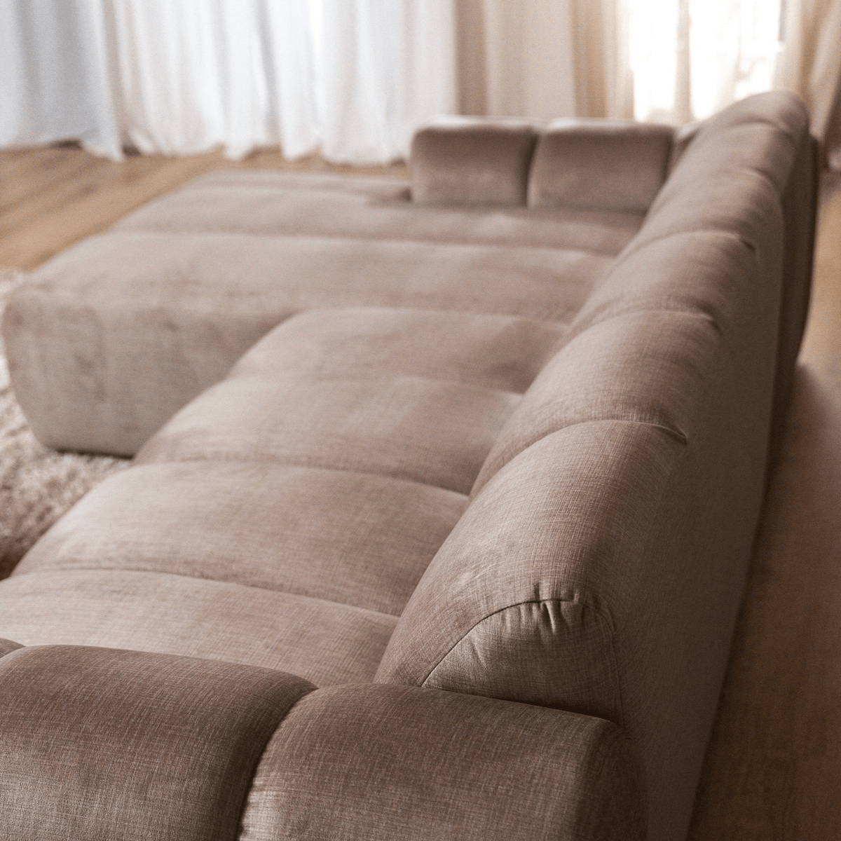 Sofas-Corner sofa with lounge sand velvet textured fabric - stripes - left - Brix-Dimehouse
