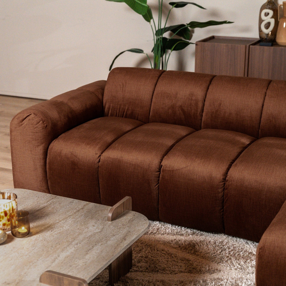 Sofas-Corner sofa with lounge copper velvet textured fabric - stripes - right - Brix-Dimehouse