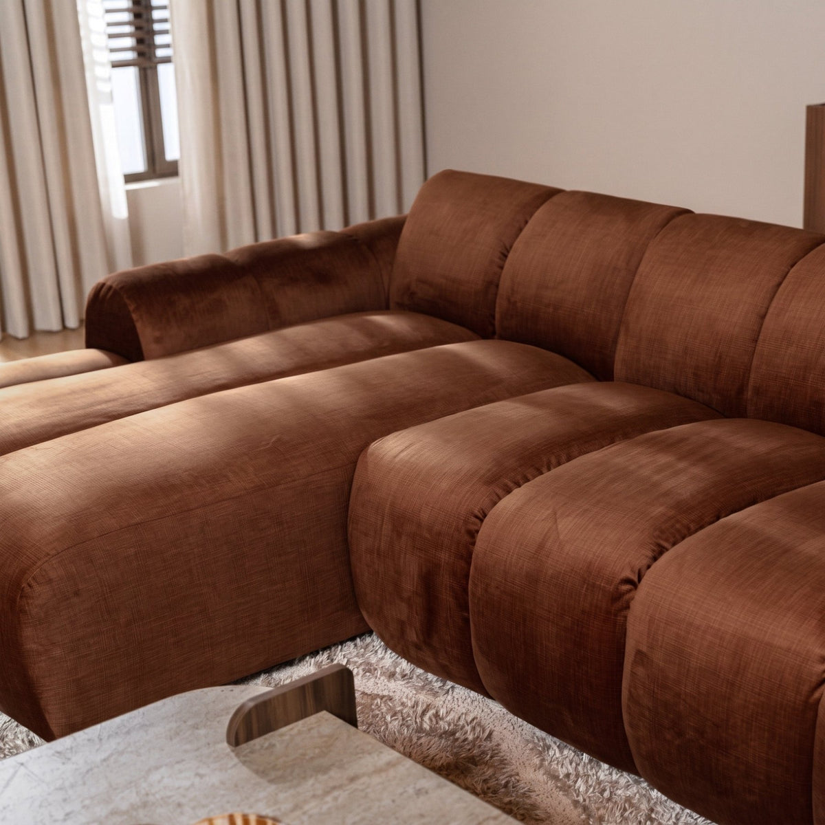 Sofas-Corner sofa with lounge copper velvet textured fabric - stripes - left - Brix-Dimehouse