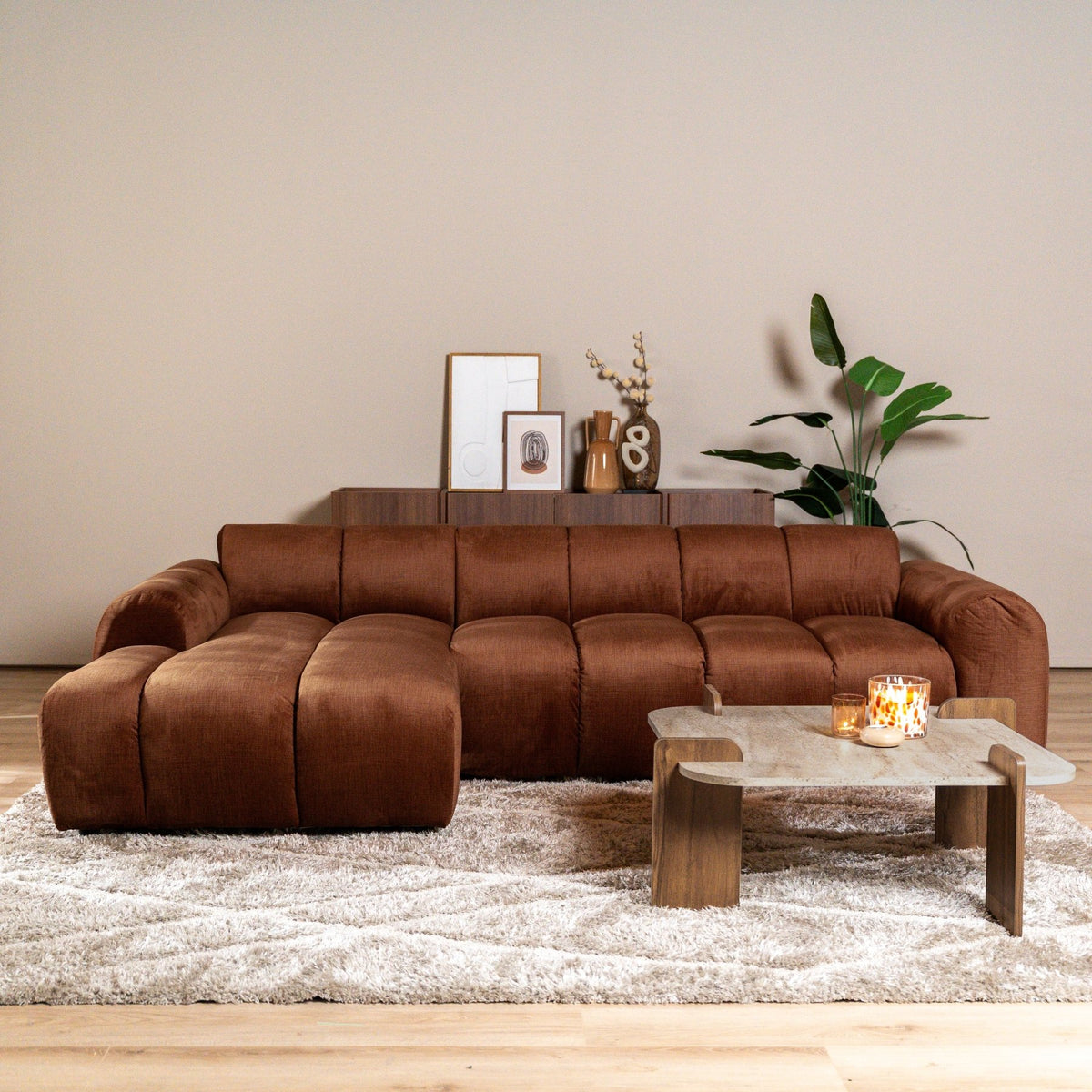 Sofas-Corner sofa with lounge copper velvet textured fabric - stripes - left - Brix-Dimehouse