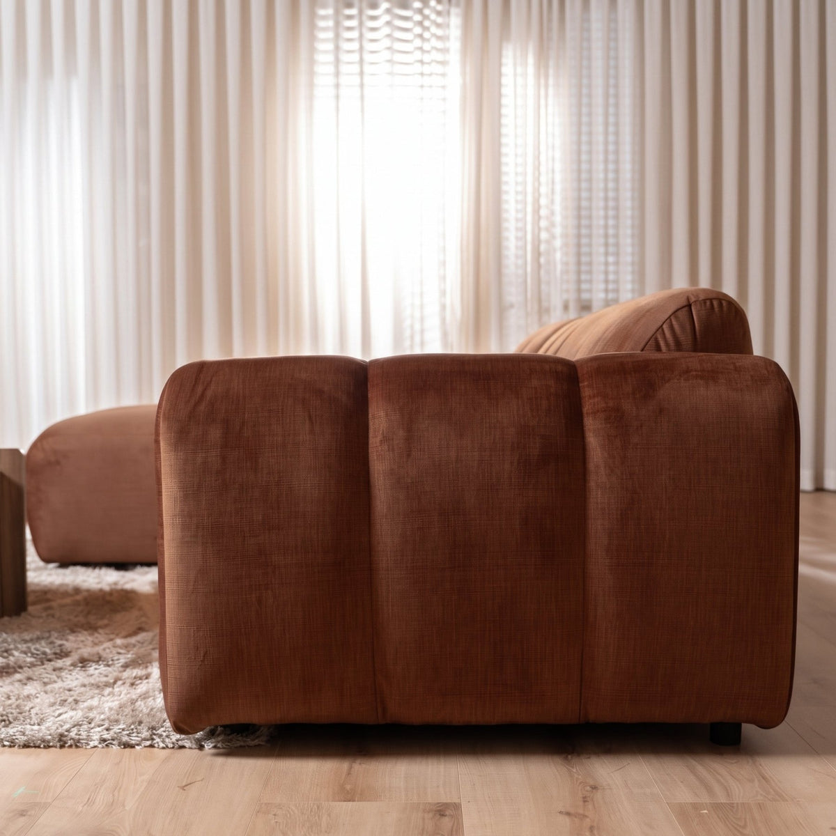 Sofas-Corner sofa with lounge copper velvet textured fabric - stripes - left - Brix-Dimehouse